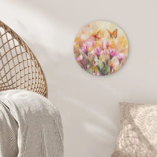 Vlinders - Oranje - Bloemen Akoestische PET Vilt - Rond klein -sfeer4