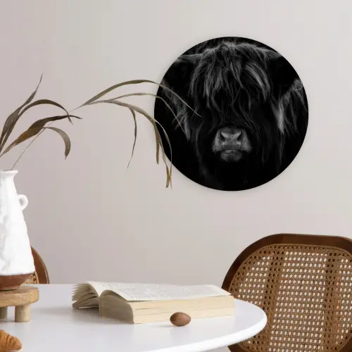 Schotse hooglander - Koe - Zwart - Wit - Dieren Wandcirkel kunststof plaat 5mm dik klein -sfeer4