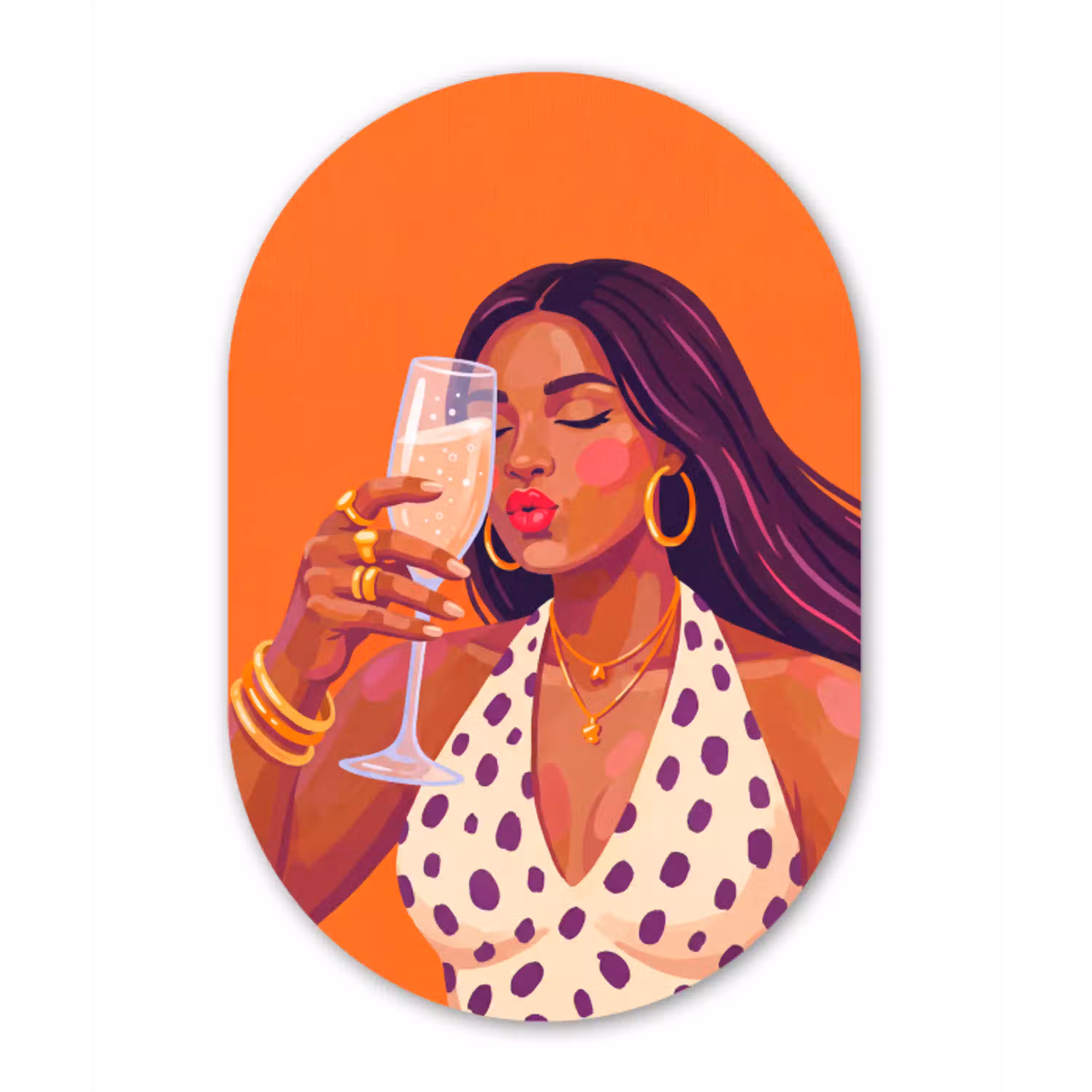 Vrouw - Champagne - Feest - Modern - Oranje Wandcirkel Ovaal Aluminium middel -3d