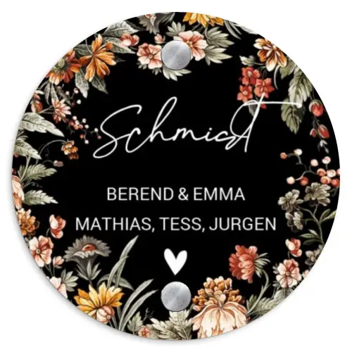 Bloemen - Zwart - Sierlijk Naambord Rond klein -3d