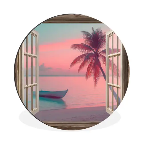 Doorkijk - Strand - Palmboom - Tropisch Wandcirkel aluminium klein -3d