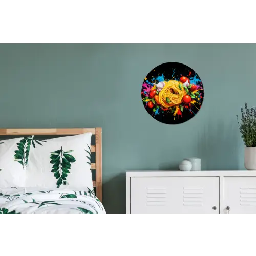 Spaghetti - Graffiti - Verf - Kleurrijk - Eten - Modern Wandcirkel aluminium klein -slaapkamer