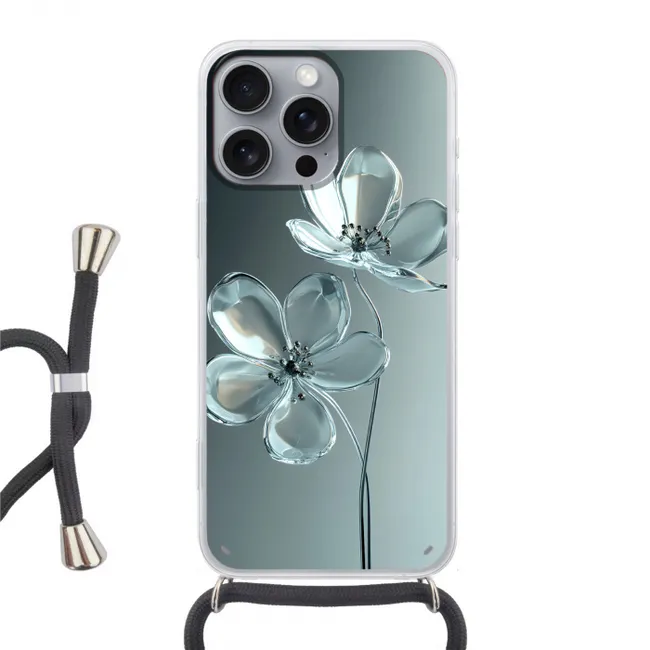 Telefoonhoesje met koord - Kristal - Bloemen - Grijs