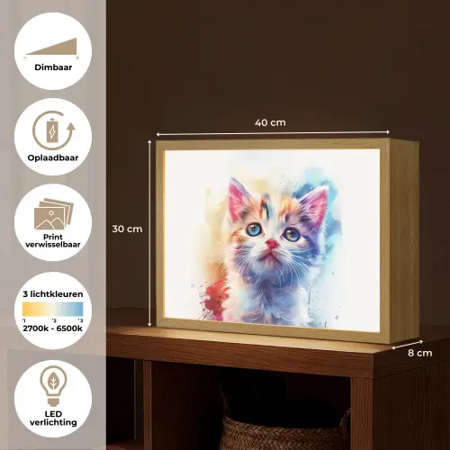 Kat - Portret - Kleuren - Verf - Wit Light Box met batterij (Wandlamp kind) middel -USP_websiteoverzichtNL