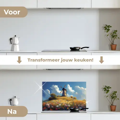 Windmolen - Heuvel - Bloemen - Kleurrijk keuken achterwand spatscherm klein -voor_na_NL