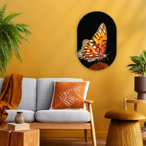 Vlinder - Bloemen - Insect - Portret - Zwart - Oranje Wandcirkel Ovaal Forex klein -sfeer4