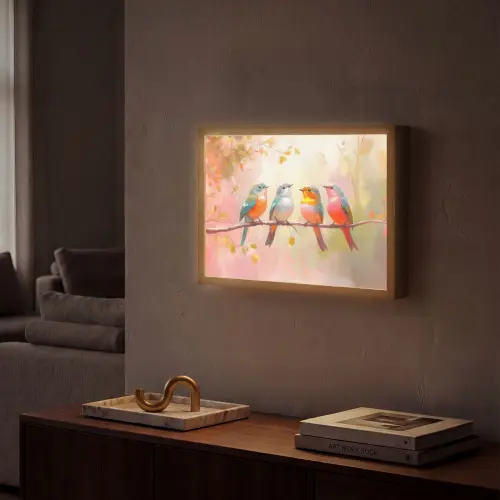 Vogels - Kleurrijk - Tak Light Box met batterij (Wandlamp) middel -sfeer1