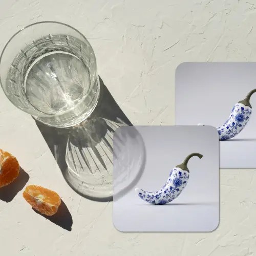Chilipeper - Keramiek - Blauw onderzetter kurk middel -sfeer4