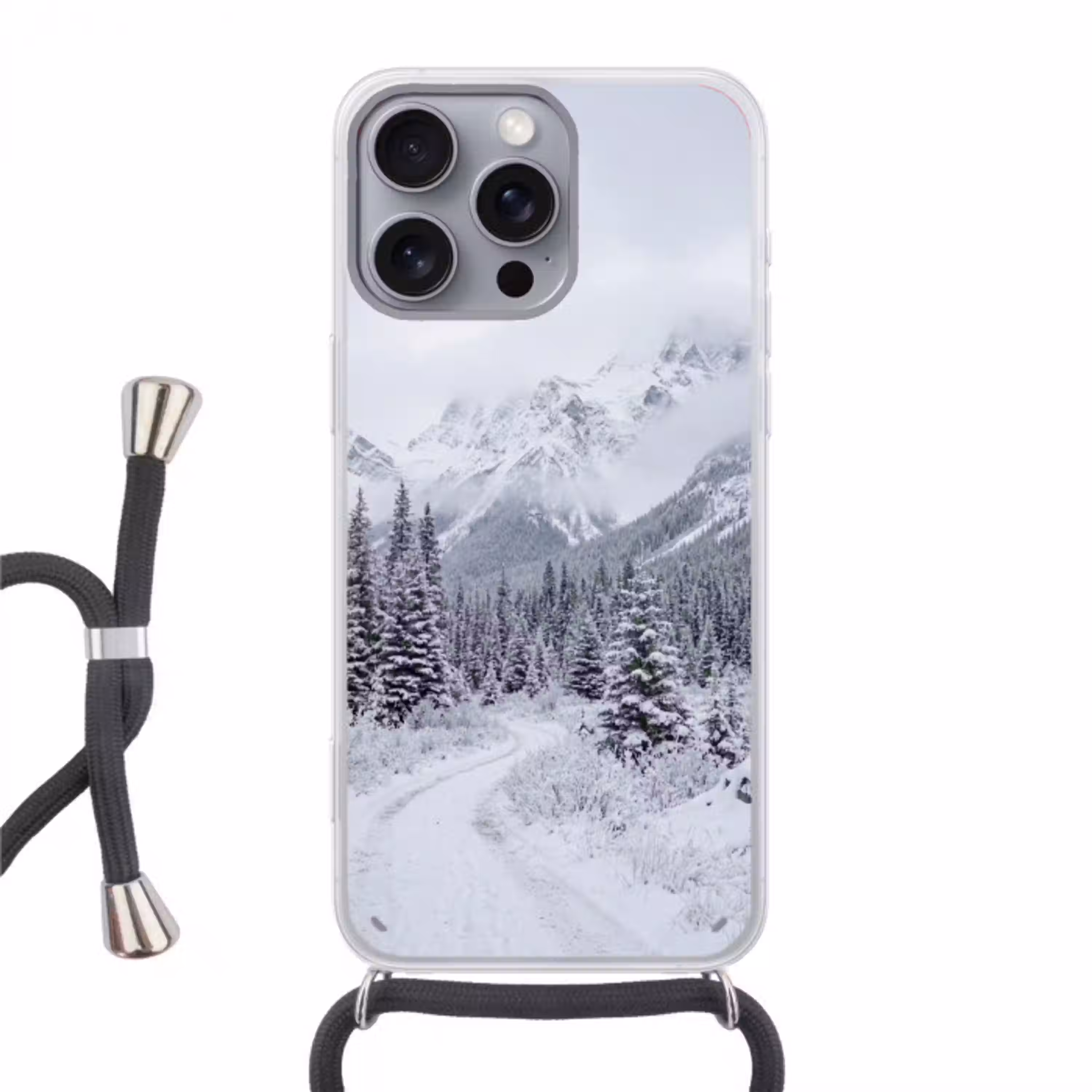 Weg - Bergen - Sneeuw - Naaldbos - Avontuurlijk Hoesje iPhone 16 Pro Max met koord klein -3d