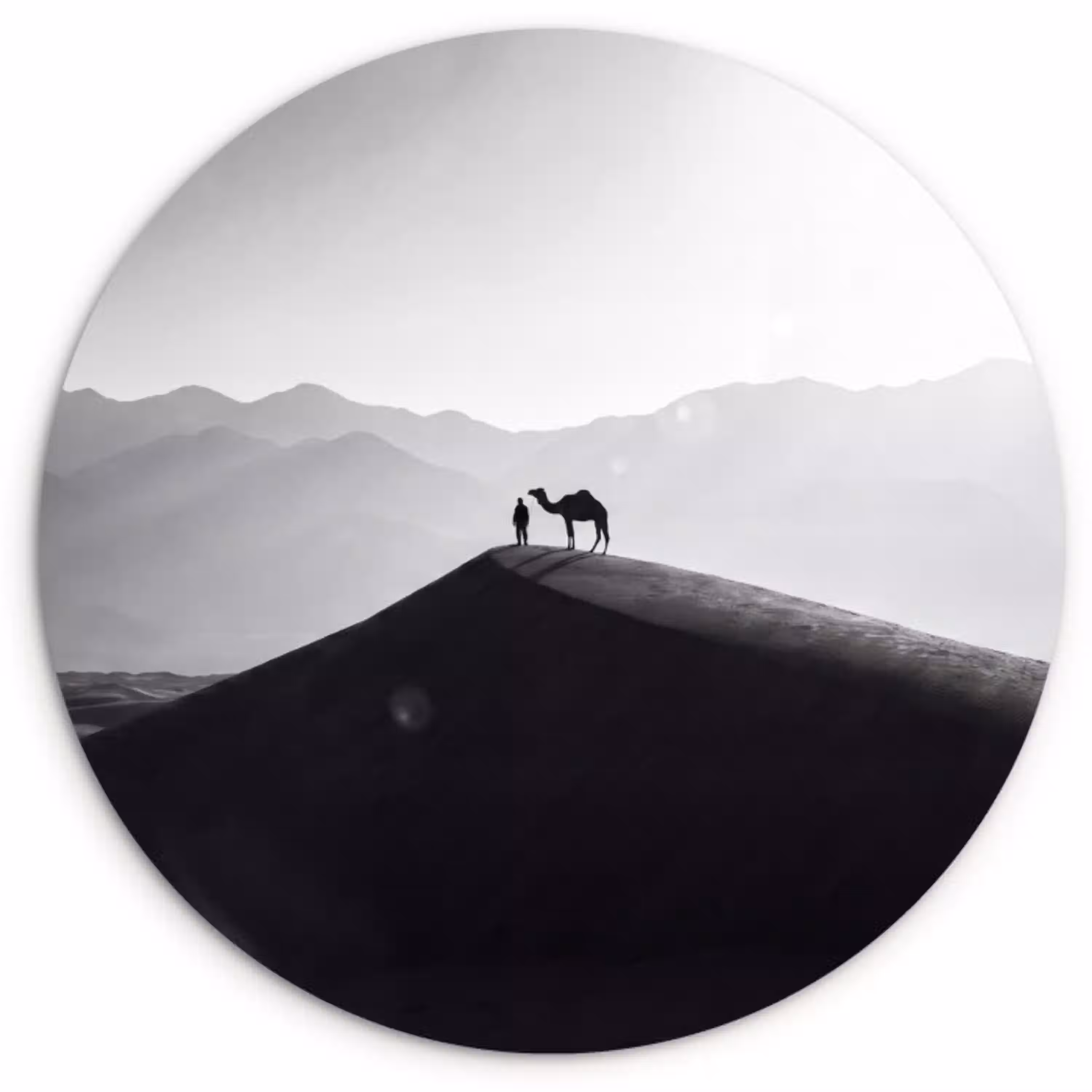 Mens - Kameel - Zandduin - Natuur - Monochroom Wandcirkel kunststof plaat 5mm dik klein -3d