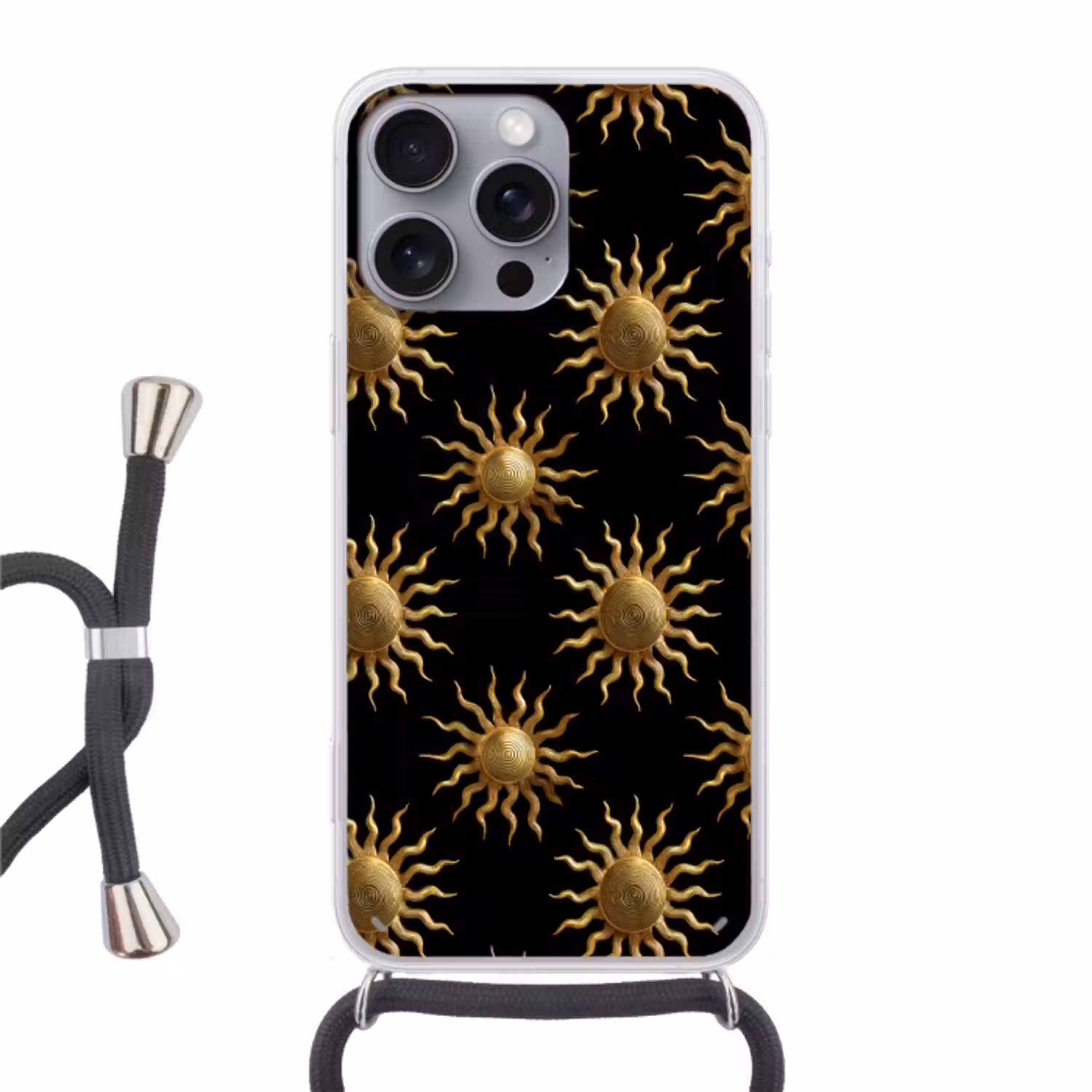 Zon - Patroon - Luxe - Goud - Zwart Hoesje iPhone 16 Pro Max met koord klein 804 -3d