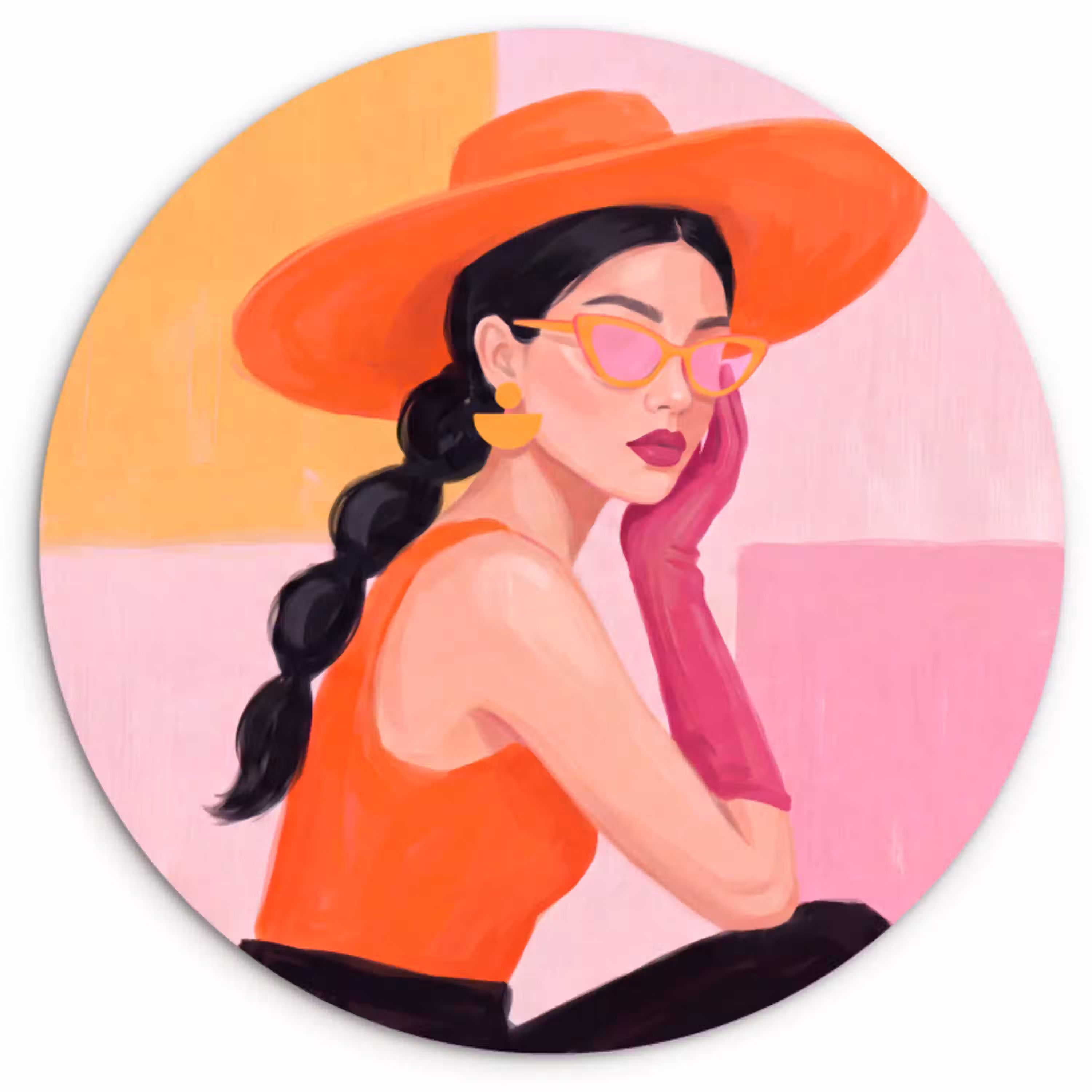 Vrouw - Hoed - Mode - Modern - Oranje Wandcirkel kunststof plaat 5mm dik klein -3d