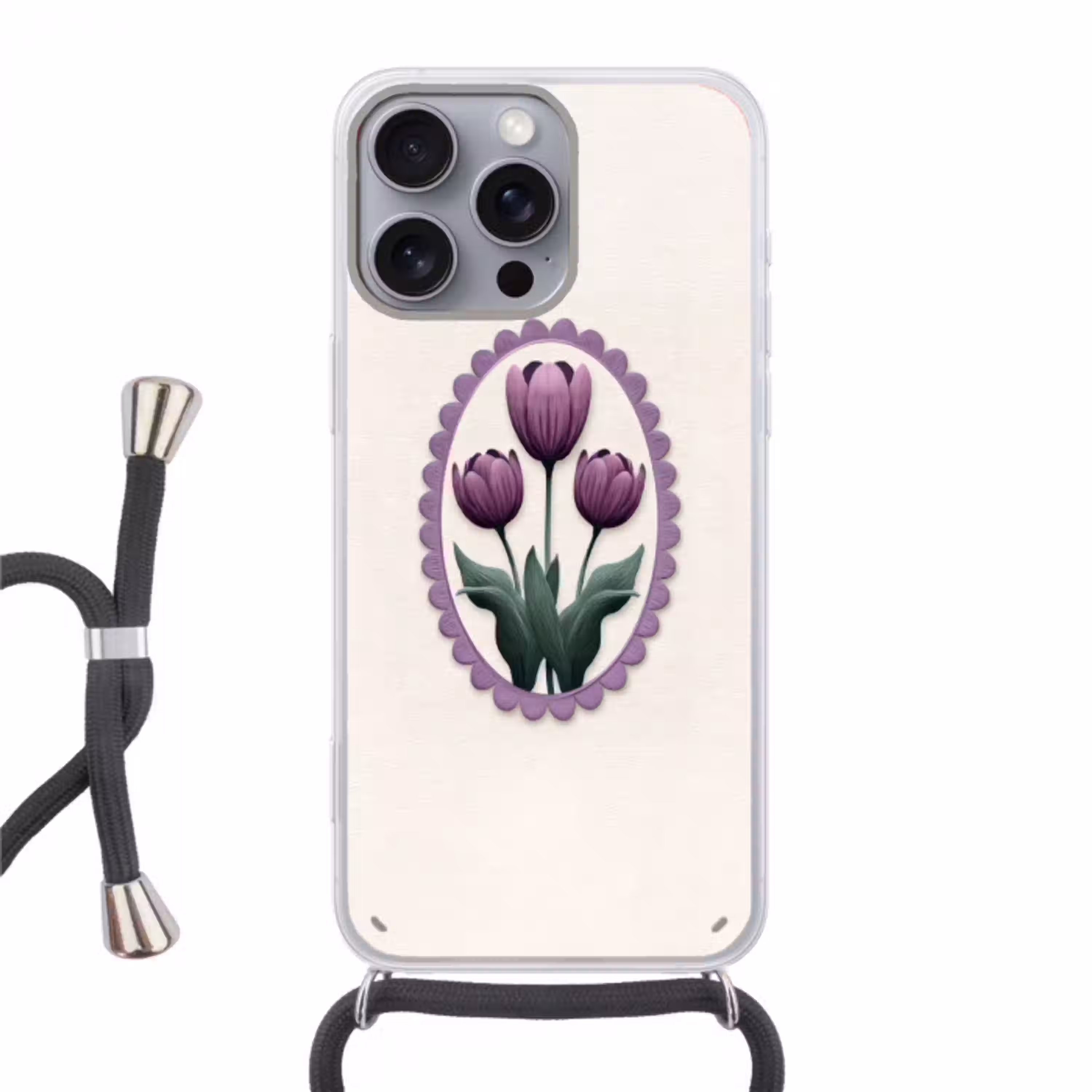 Tulpen - Paars - Lijst - Bladeren Hoesje iPhone 16 Pro Max met koord klein -3d