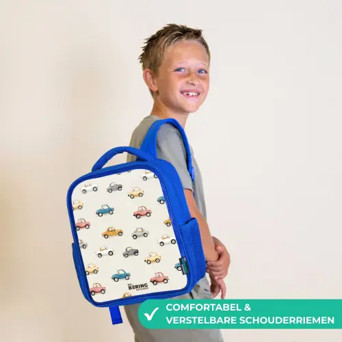 Kleurrijke retro autootjes Kinderrugzak - Blauw middel -sfeer3_NL