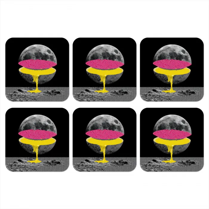 Maan - Geel - Roze - Zwart onderzetter kurk middel -3d