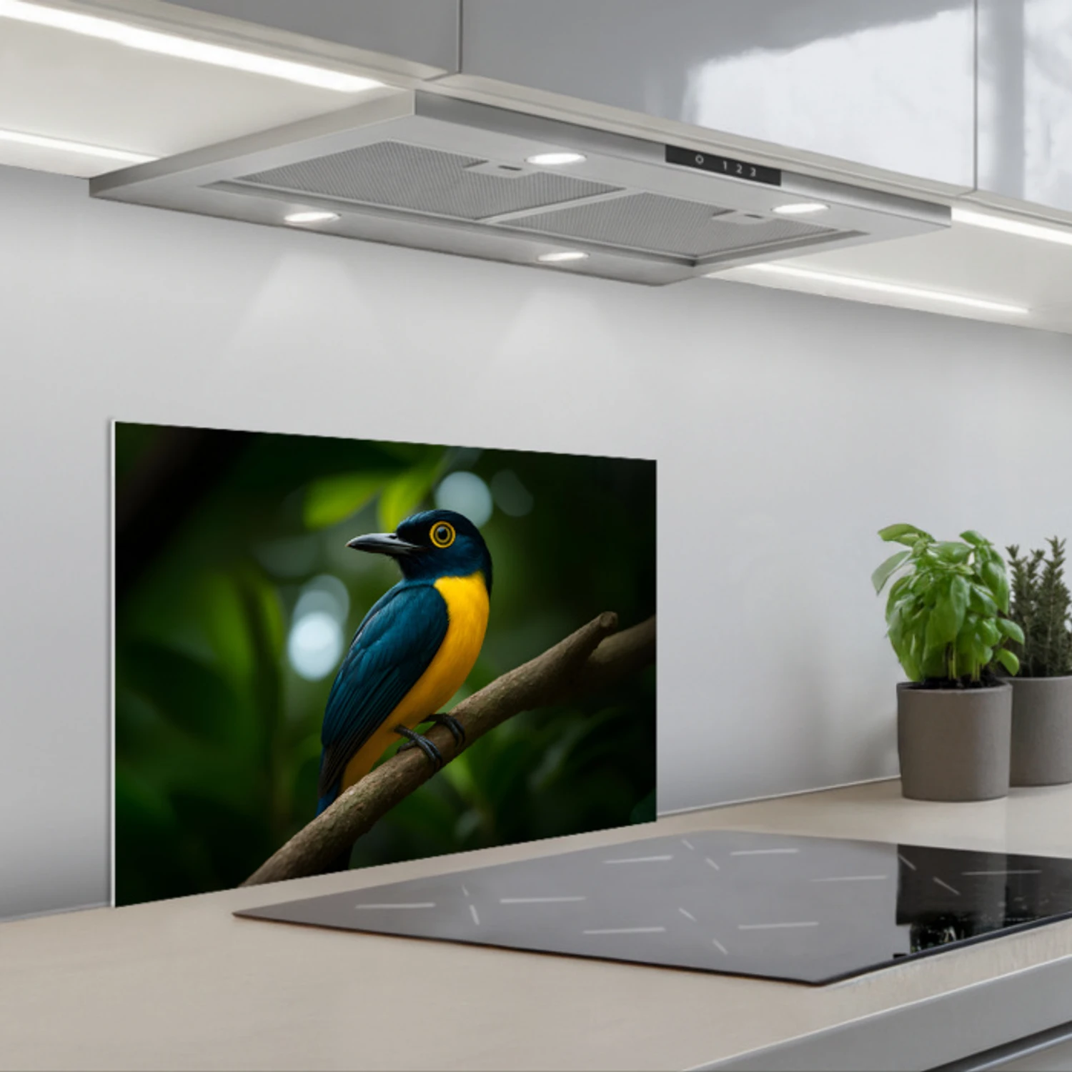 Vogel - Tak - Geel - Bladeren keuken achterwand spatscherm klein -3d_schuin