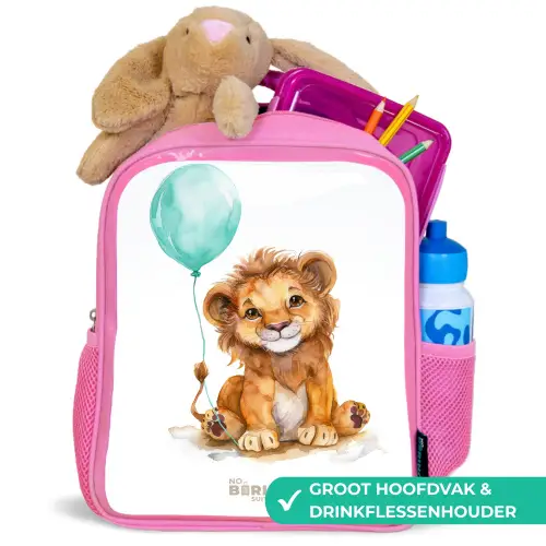 Leeuw met blauwe ballon Kinderrugzak - Roze middel -inhoud_NL