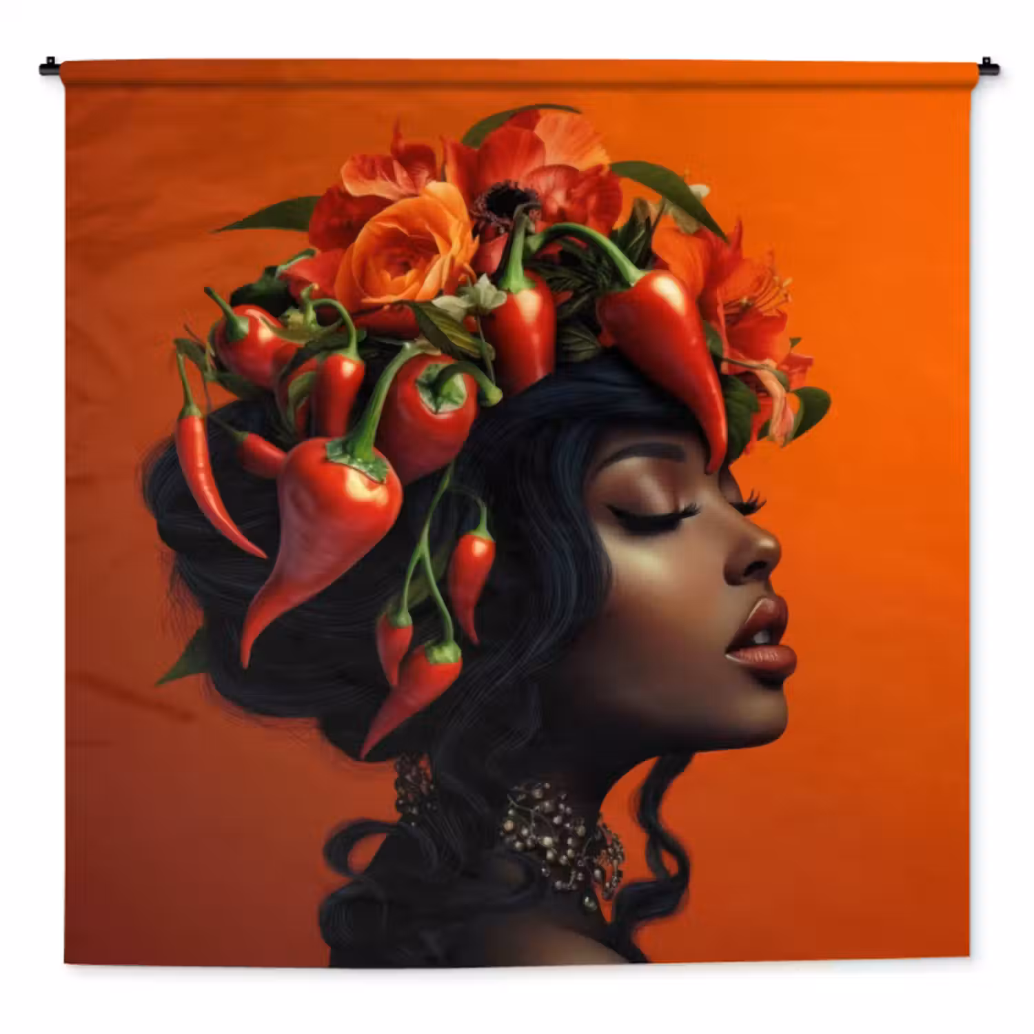 Wandkleed - Vrouw - Chilipepers - Pepers - Bloemen