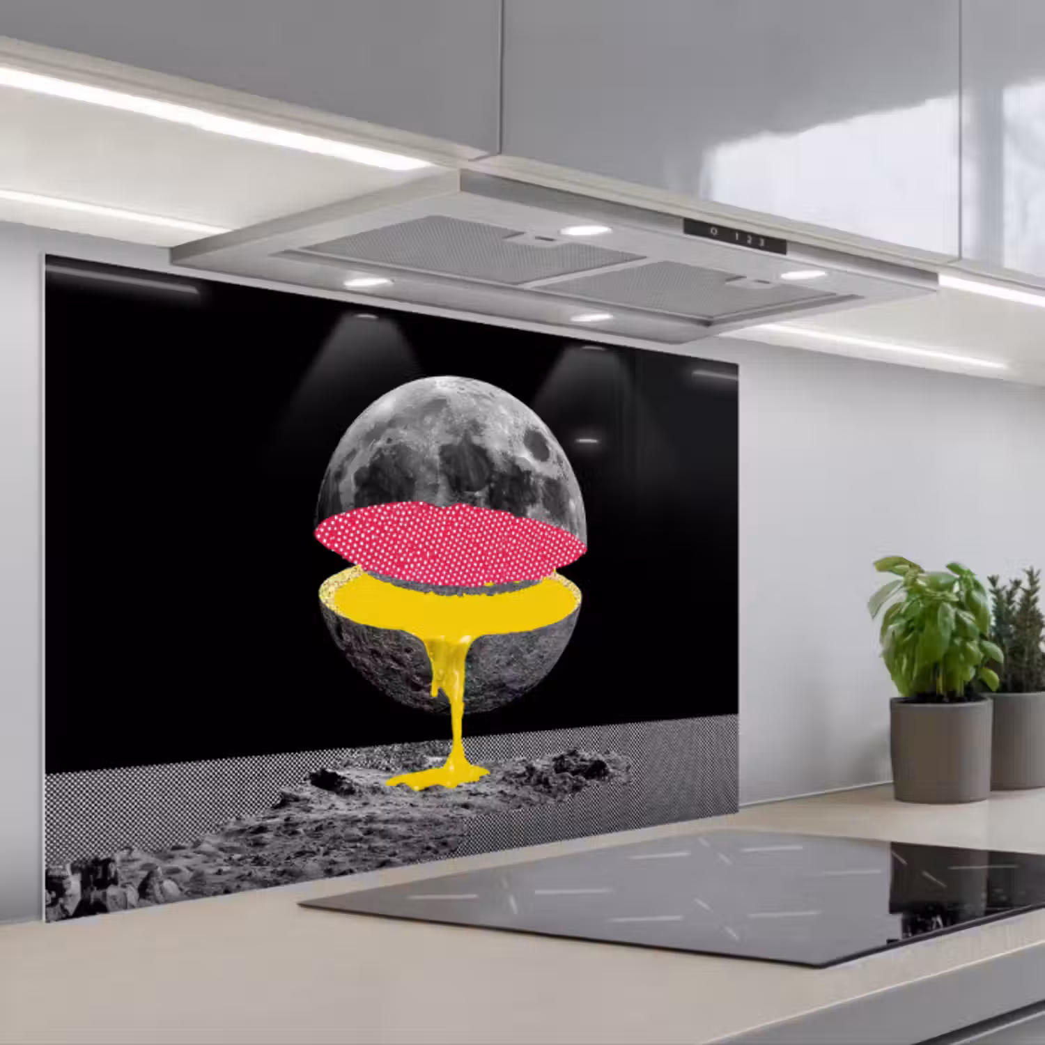 Spatscherm keuken - Maan - Geel - Roze - Zwart