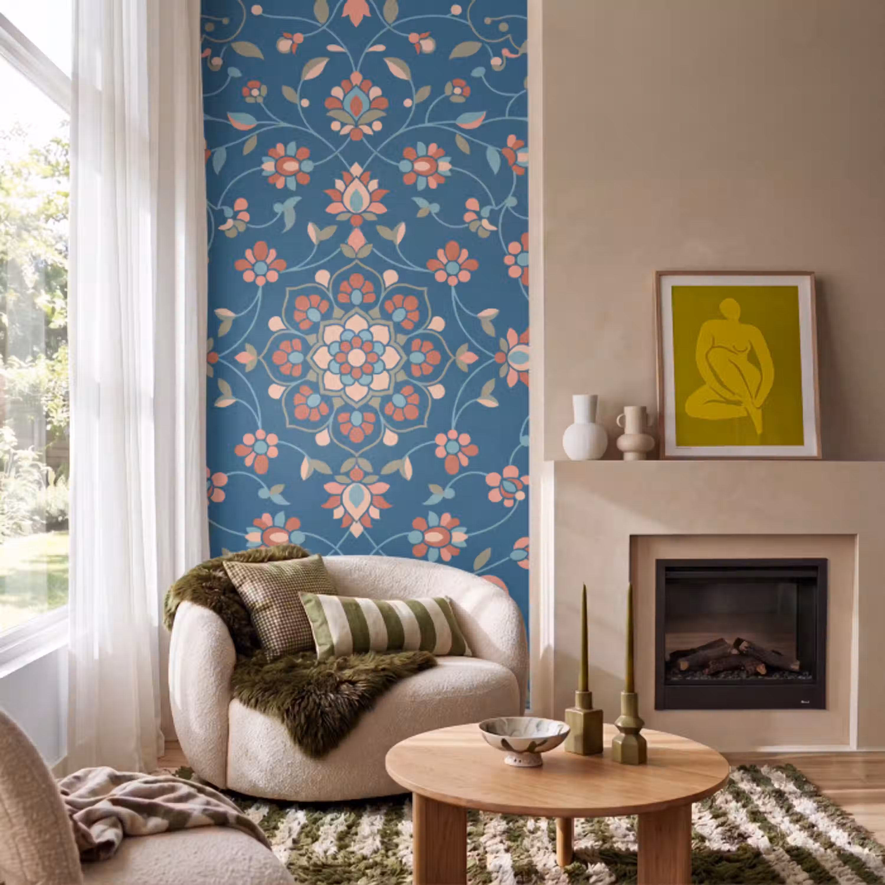 Bloemen - Patroon - Natuur - Ornament - Blauw Behang Vlies klein -sfeer2