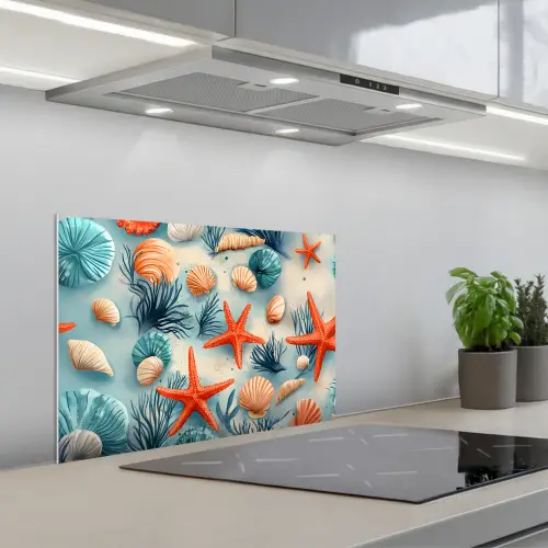 Zeesterren - Schelpen - Illustratie - Zand keuken achterwand spatscherm klein -3d_schuin