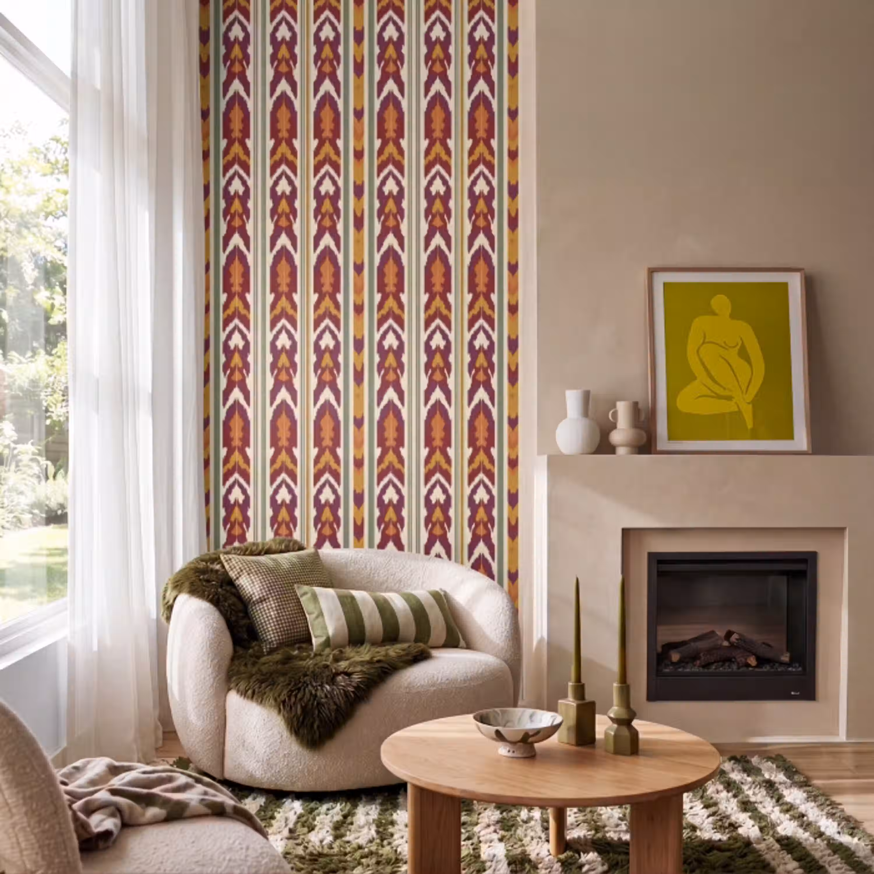 Ikat - Bordeauxrood - Etnisch - Patroon Behang Vlies klein 1076 -sfeer2