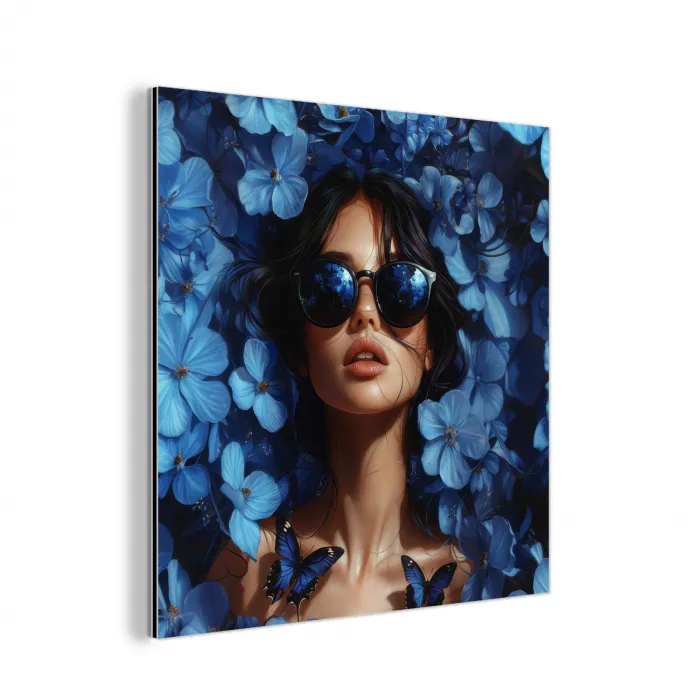 Vrouw - Blauw - Bloemen - Vlinders - Natuur aluminium wit klein -3d