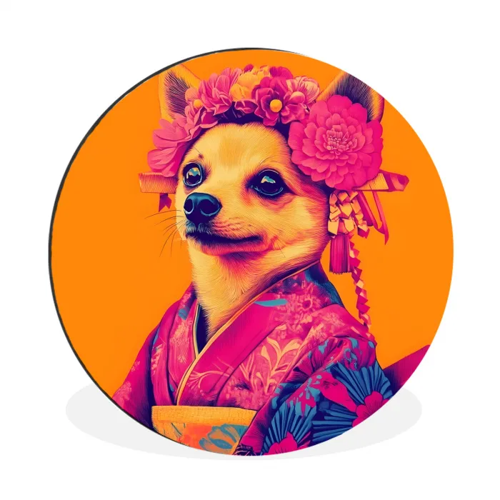Kimono - Hondje - Bloemenkroon - Oranje Wandcirkel aluminium klein -3d