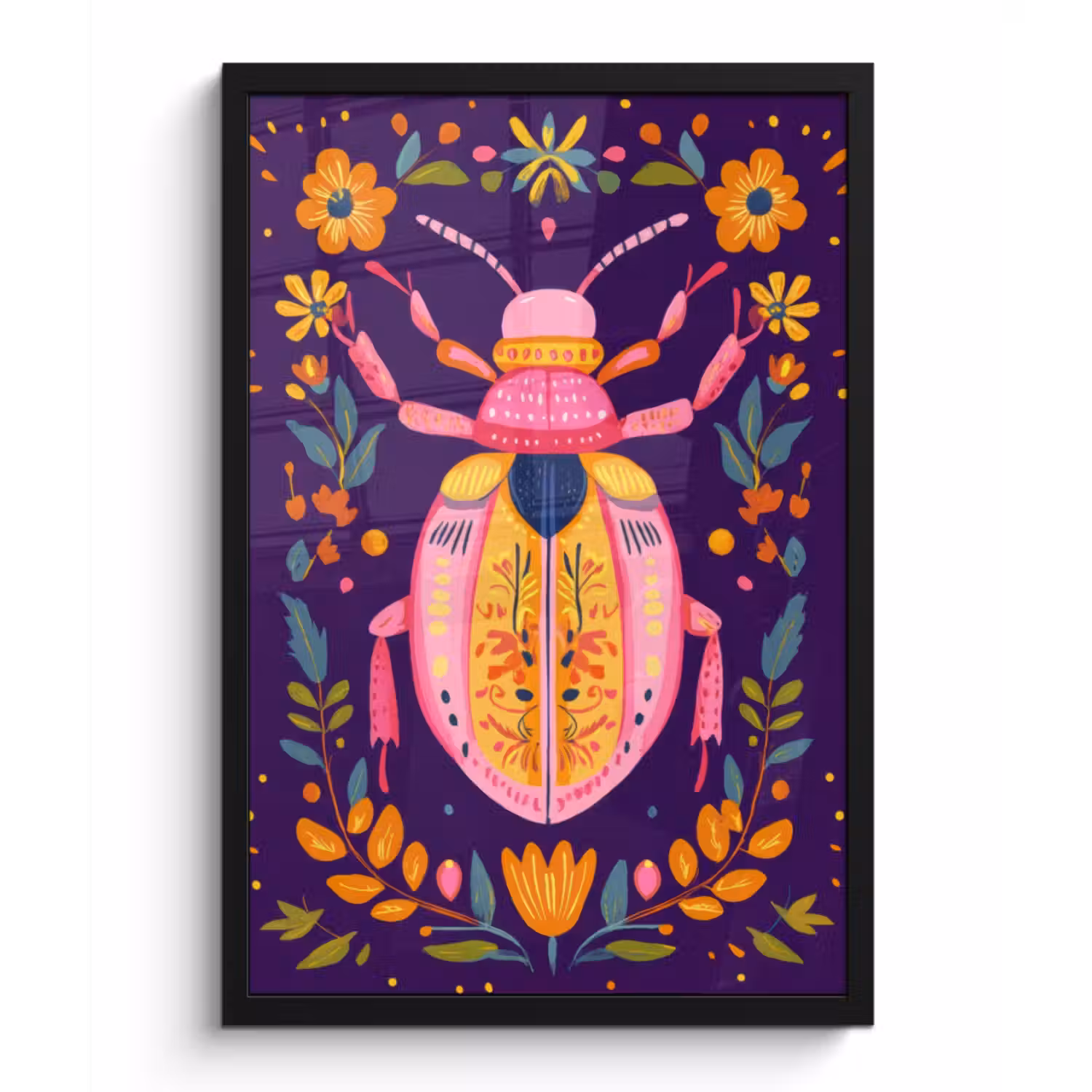 Poster met lijst - Kever - Felgekleurd - Bloemen - Bladeren