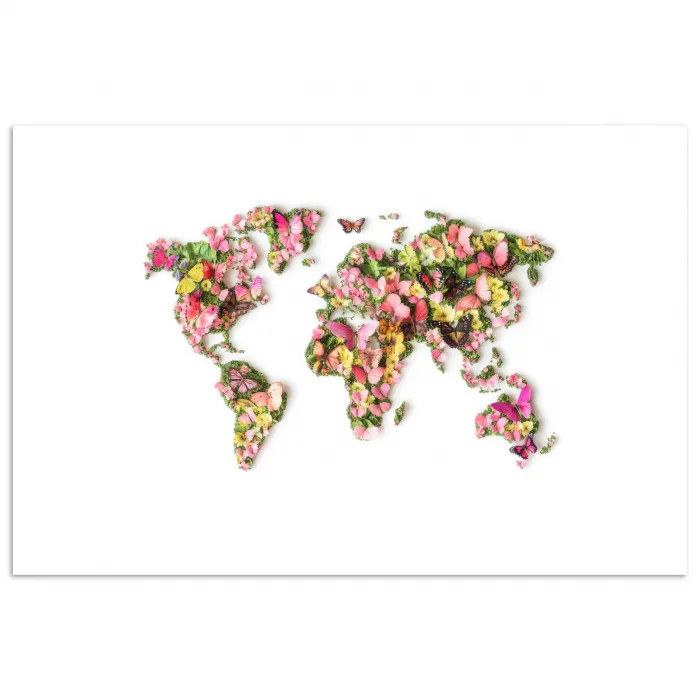 Wereldkaart - Bloemen - Felgekleurd poster papier klein -3d