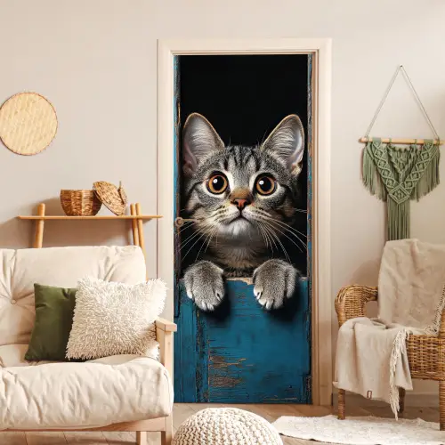 Kat - Doorkijk - Hout - Dieren - Blauw deurposter klein -sfeer2