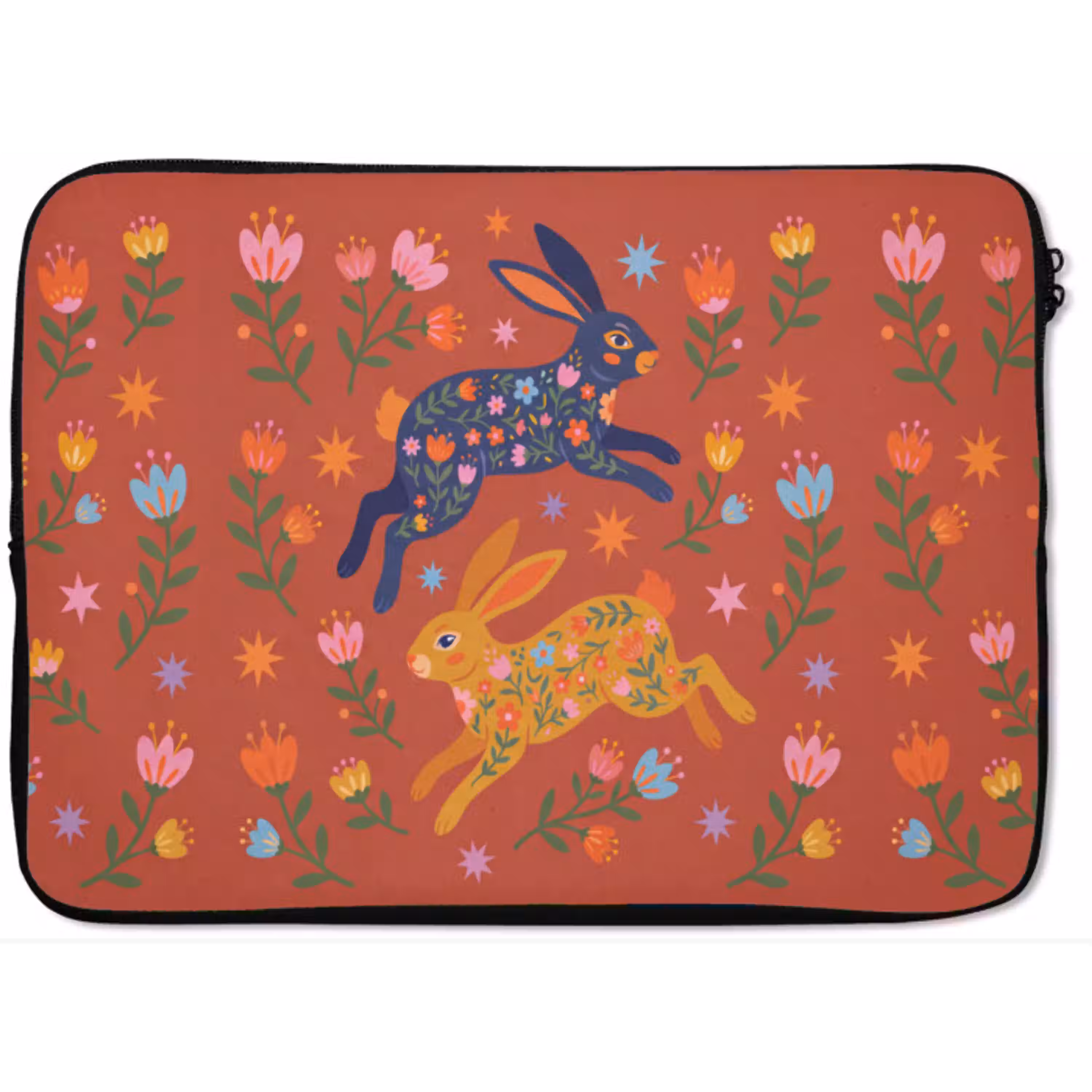 Konijn - Bloemen - Folk Art - Kleurrijk - Dieren laptophoes neopreen klein -zkaufland3dotto