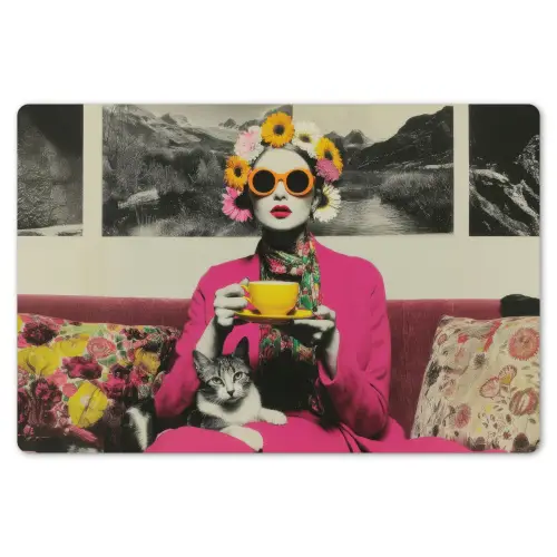 Vrouw - Kat - Bloemen - Kopje - Retro Placemat vinyl groot -zzsfeer1_Kitchenyeah-website