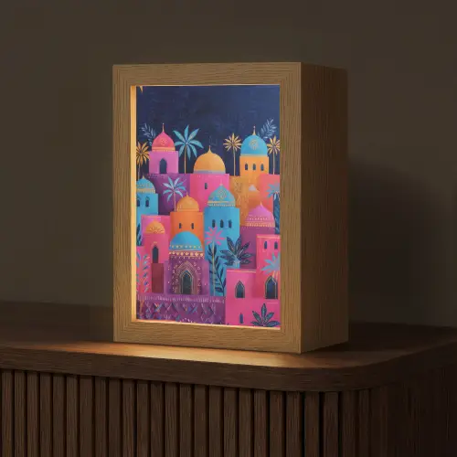 Kleurrijke gebouwen - Avondlicht - Islamitisch Light Box met kabel (Tafellamp) klein -z3d_website