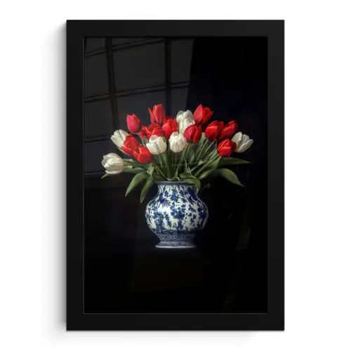 Rode - Bloemen - Tulpen - Vaas fotolijst zwart zonder passe partout klein -3d