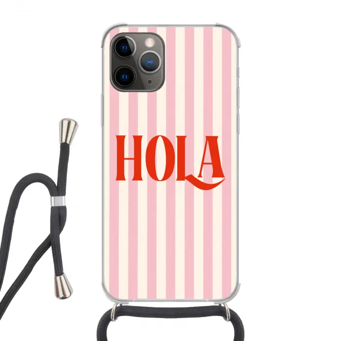 Hola - Quote -  Strepen - Pastel - Roze - Rood - Wit Hoesje iPhone 12 Pro met koord klein -3d
