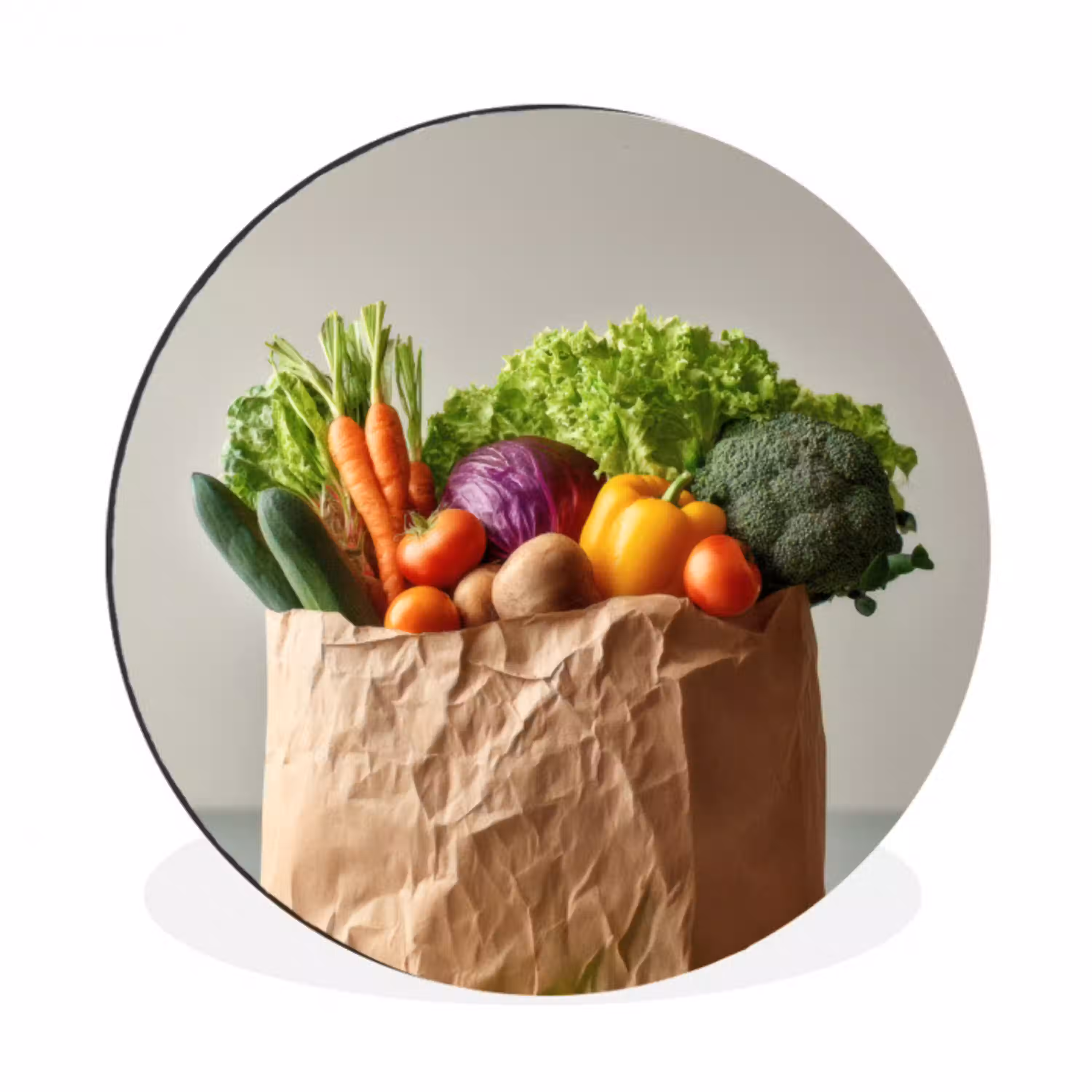 Papieren - Boodschappen - Groente - Kleurrijk Wandcirkel aluminium klein -3d