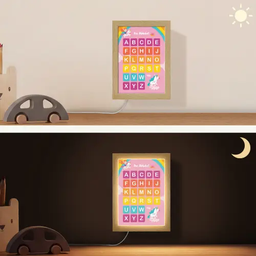 Educatief - Alfabet leren - Roze - Eenhoorn - Letters Light Box met kabel (Wandlamp kind) klein -sfeer3_kind
