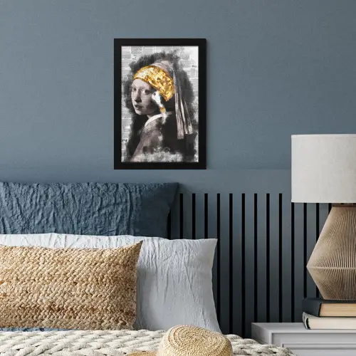 Meisje met de parel - Johannes Vermeer - Krant - Goud fotolijst zwart zonder passe partout klein -sfeer3