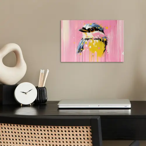 Vogel - Roze - Geel - Blauw poster papier klein -sfeer1