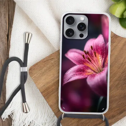 Roze - lelie - Dauwdruppels Hoesje iPhone 16 Pro Max met koord klein -sfeer4