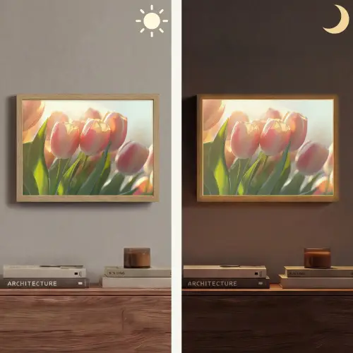 Tulpen - Roze - Zonnestralen Light Box met batterij (Wandlamp) middel -sfeer3