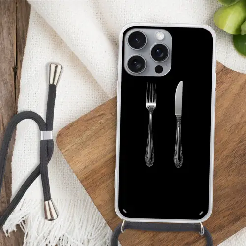 Vork - Mes - Zilver Hoesje iPhone 16 Pro Max met koord klein -sfeer4