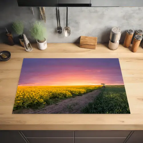 Bloemen - Weg - Lucht - Geel - Paars - Zonsondergang - Natuur Inductie beschermer vinyl 3mm klein -sfeer5