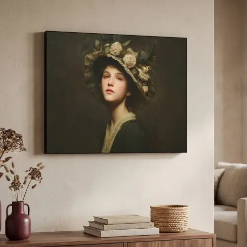 Bloemenhoed - Portret - Vrouw Textielframe zwart klein -sfeer3