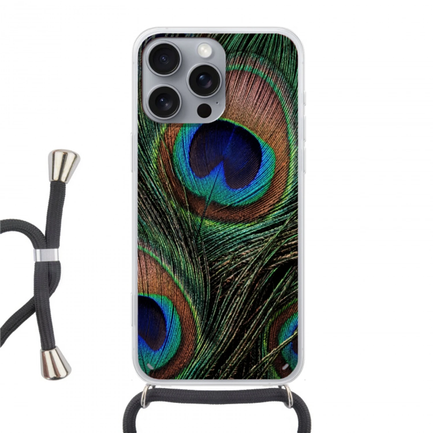 Pauwenveren - Klassiek - Groen Hoesje iPhone 16 Pro Max met koord klein -3d
