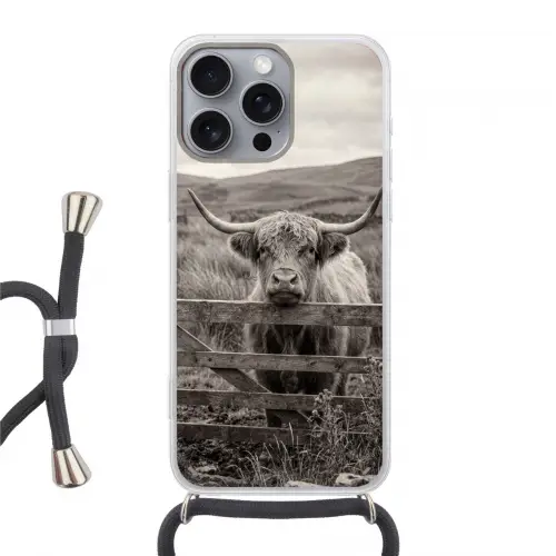 Schotse hooglander - Zwart - Wit - Hout Hoesje iPhone 16 Pro Max met koord klein -3d