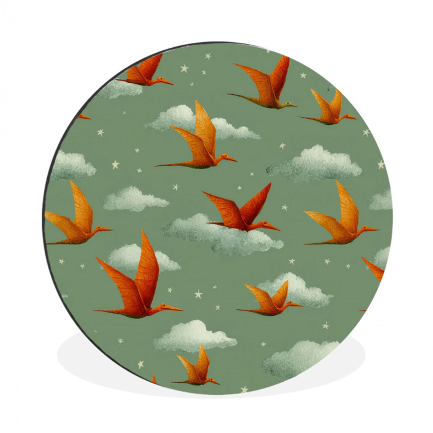 Dinosaurussen - Wolken - Sterren - Oranje Wandcirkel aluminium klein -3d