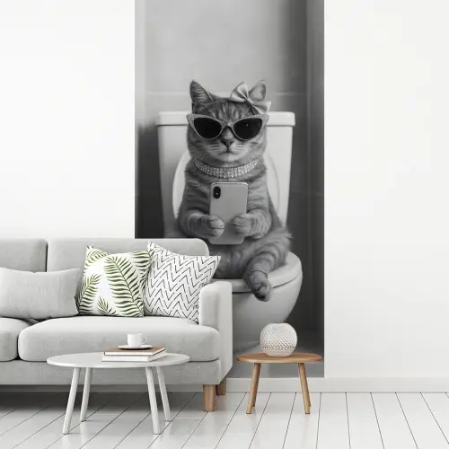Kat - Telefoon - Toilet - Zwart - Wit fotobehang vinyl groot -woonkamer