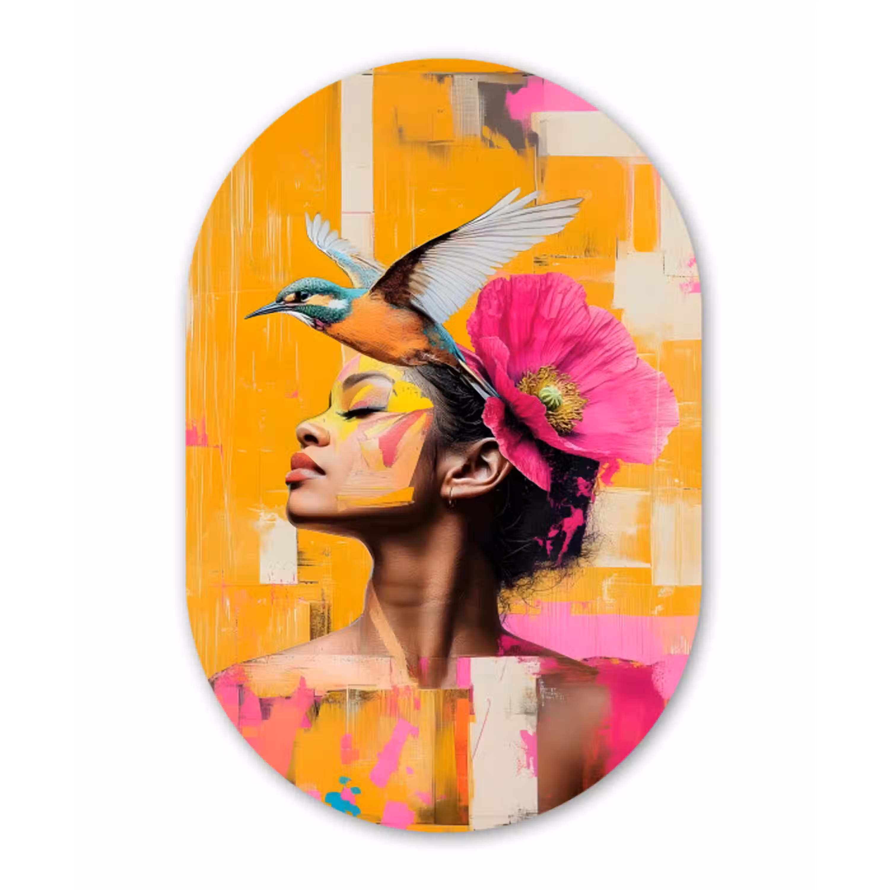 Vogel - Vrouw - Abstract - Bloem Wandcirkel Ovaal Aluminium middel -3d